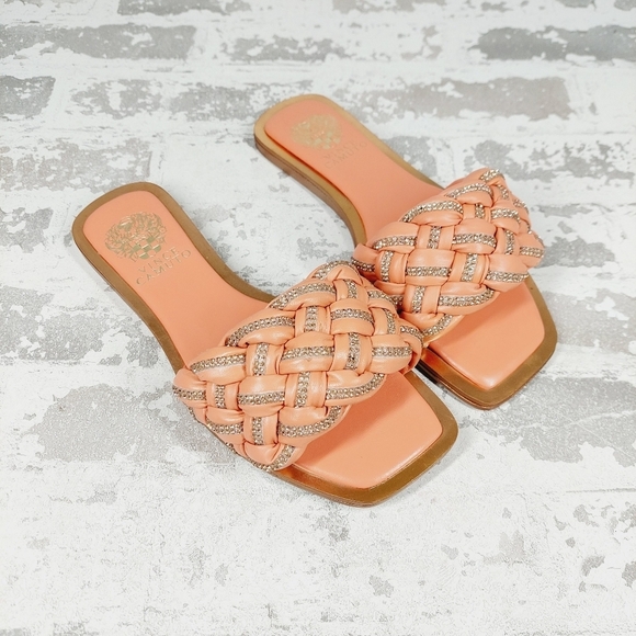 New Vince Camuto Belmiya Woven Leather Puff Embellished Slides E682 - Picture 3 of 10